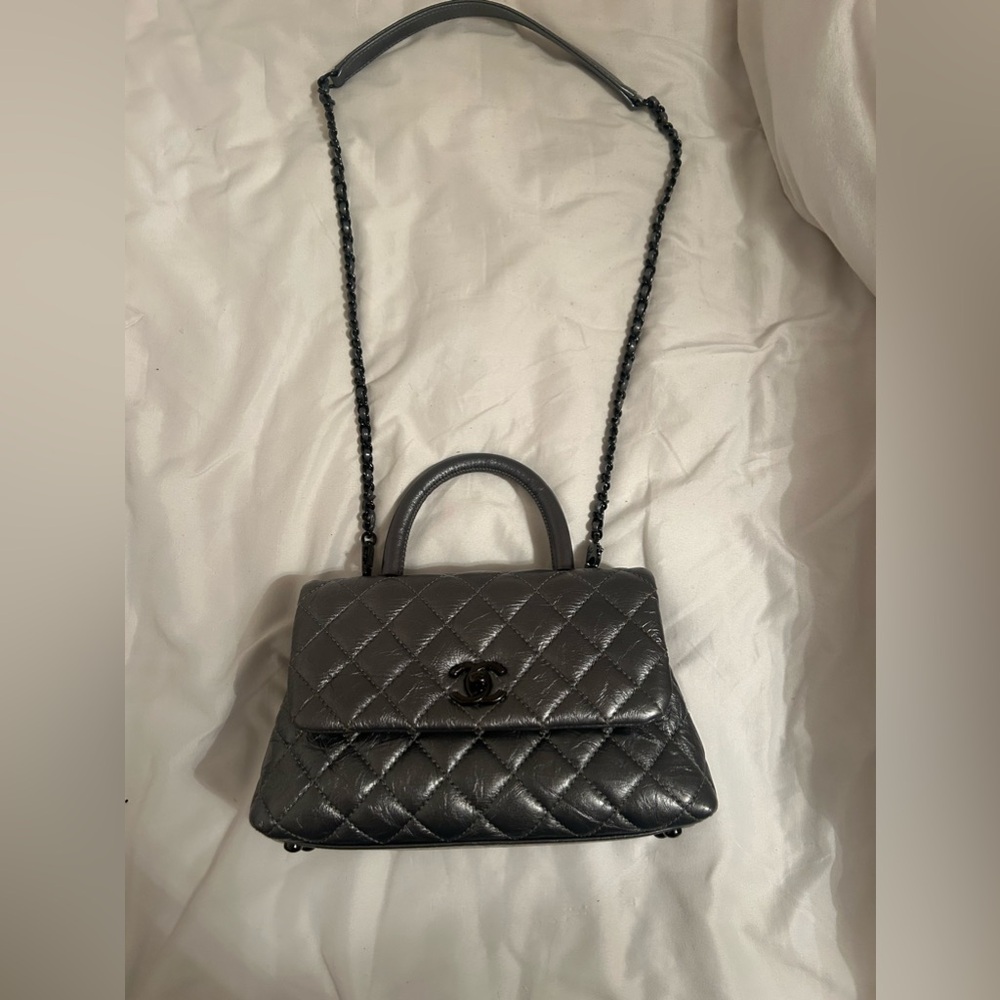 Chanel small coco handle bag in metallic silver